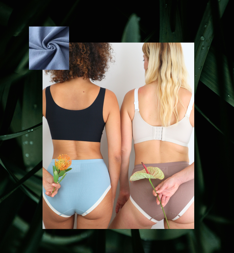 Two women wearing yew-tree fabric skin friendly underwear with a close-up of fabric texture on a dark green background.