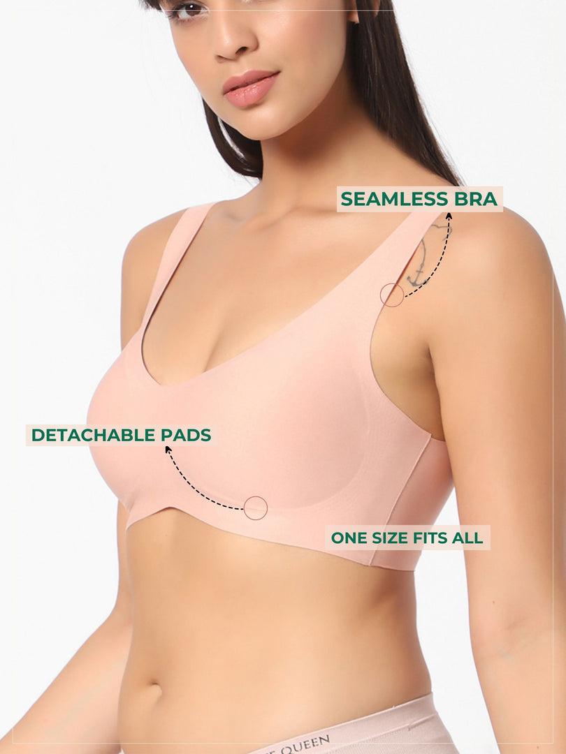 Ceramide Infused Wireless One Size Seamless Beauty Bra in peach color