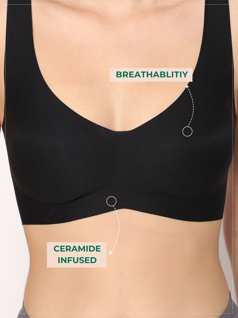 Ceramide Infused Wireless One Size Seamless Beauty Bra in black color